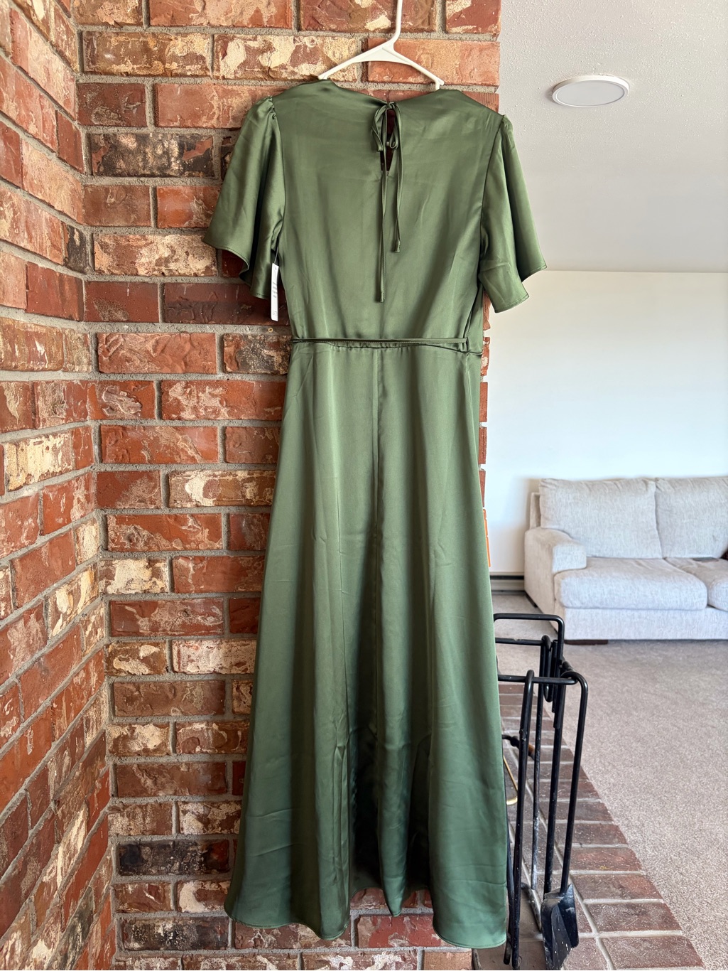 Olive Green Satin Wrap Maxi Dress With Short Sleeves — image 5 of 5